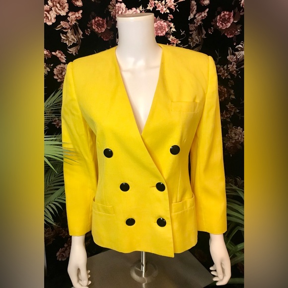 Oleg Cassini Bright Yellow 3 Pocket Black Buttons Double Breasted Blazer - Picture 1 of 7